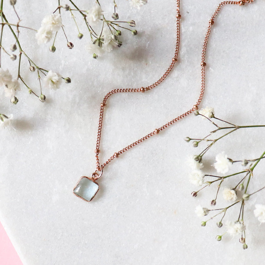 Roseca the aquamarine necklace with a rose gold satellite chain